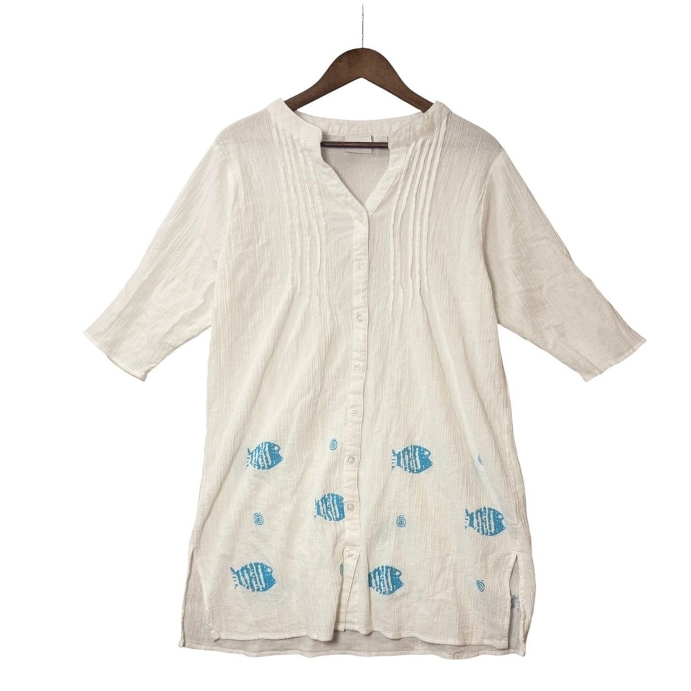 The Vermont Country Store Womens Crinkle Gauze Tunic Top L White  Beach Resort - Picture 2 of 8